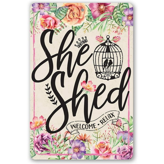 She Shed Sign - Pink - Durable Metal Sign - Use Indoor/Outdoor - Great Gift for She Sheds and Woman Cave Decor Under $20 (8" x 12")