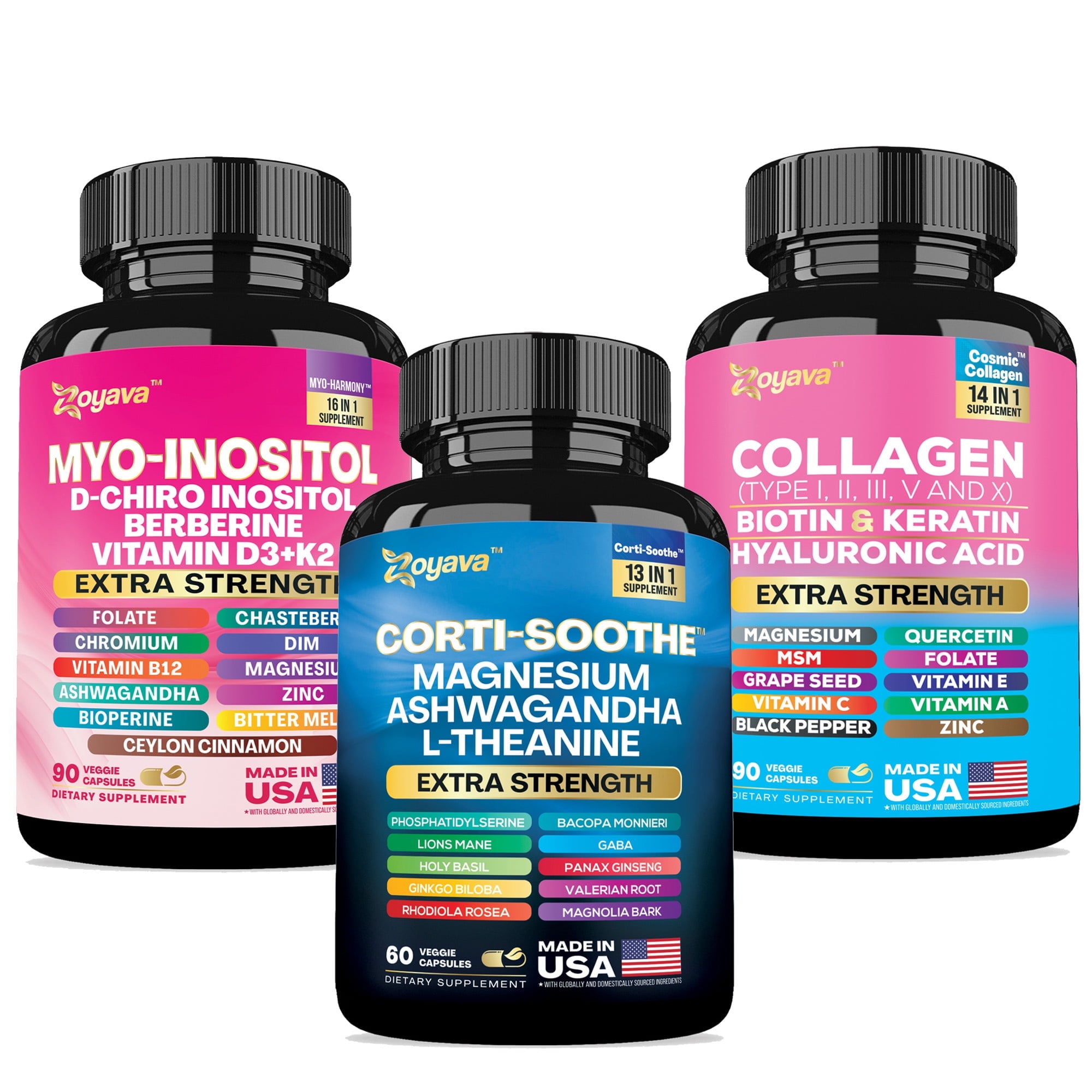 She Shines Set - Zoyava Ultimate Womens All-in-One Supplement with Corti-Soothe, Myo-Inositol, Collagen &amp; Extra Strength Ingredients
