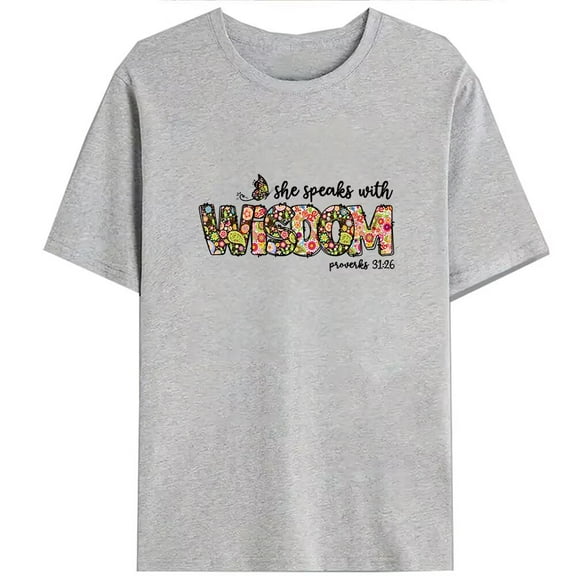 She Speaks with Wisdom Print Tshirts for Womens - Inspirational Christian Graphic Tees Floral Casual Short Sleeve Tops Gray,XL