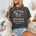 thumbnail image 1 of She Teaches With Grace Leads With Love Tee, Christian Teacher Shirt, Retro Christian Teacher Tee, Teacher Bible Verse Tee TH220529, 1 of 5