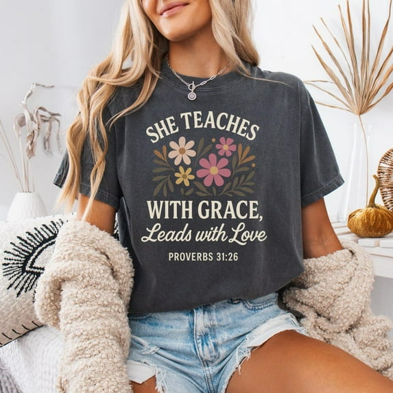She Teaches With Grace Leads With Love Tee, Christian Teacher Shirt, Retro Christian Teacher Tee, Teacher Bible Verse Tee TH220529