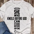 thumbnail image 1 of She Who Kneels Before God Can Stand Before Anyone Christian Cross Unisex S-5XL Hot Trending Shirt, Vintage Birthday Gift, 1 of 3