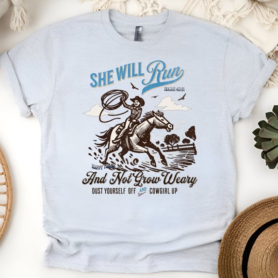 She Will Run Christian T-Shirt – Isaiah 40:31 Cowgirl Graphic Tee, Ash, Size S