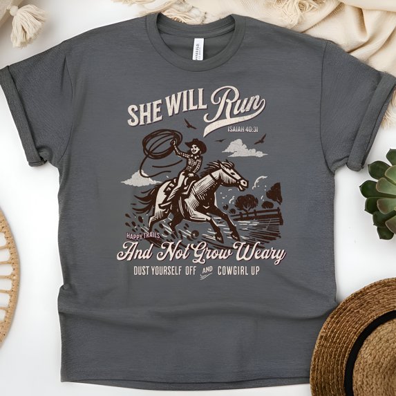 She Will Run Christian T-Shirt – Isaiah 40:31 Cowgirl Graphic Tee, Dark Heather, Size S
