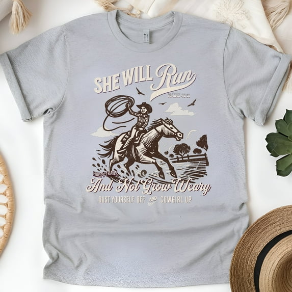 She Will Run Christian T-Shirt – Isaiah 40:31 Cowgirl Graphic Tee, Sport Grey, Size 3XL