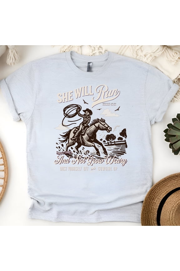 She Will Run Western Shirt – Bible Verse Rodeo Christian Tee, Ash, Size L