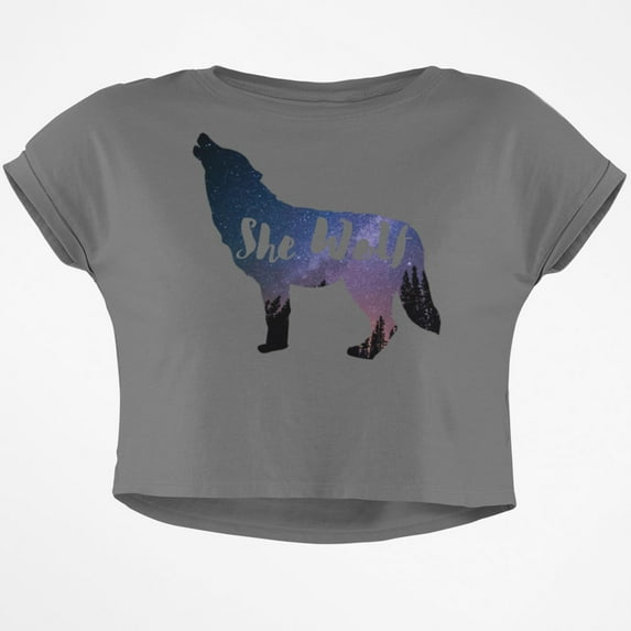 She Wolf Night Sky Landscape Junior Boxy Crop Top T Shirt