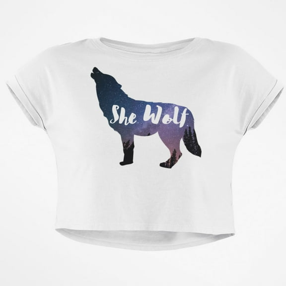 She Wolf Night Sky Landscape Junior Boxy Crop Top T Shirt