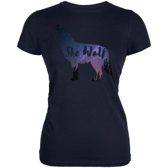 She Wolf Night Sky Landscape Juniors Soft T Shirt Navy LG