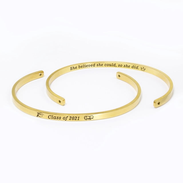 "She believed she could…" Gold Stainless Steel Graduation Theme Hidden Message Gift for Her Cuff Bracelet with Gift Set