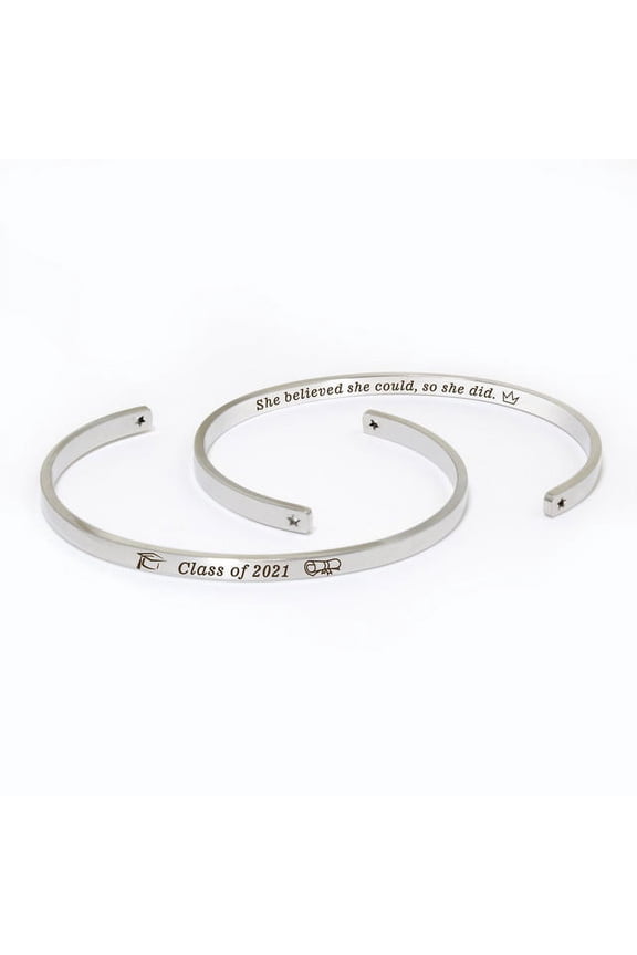 "She believed she could…" Silver Stainless Steel Graduation Theme Hidden Message Gift for Her Cuff Bracelet with Gift Set