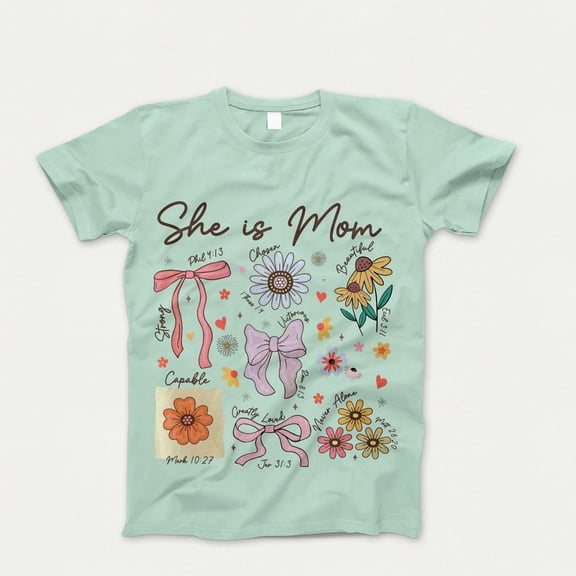 She is Mom Coquette T-Shirt, Christian Mama Tshirt, Boho Floral Mama Shirt, Mother’s Day Gift Shirt, Wildflower Mama Bible Verses, Gifts for Mother