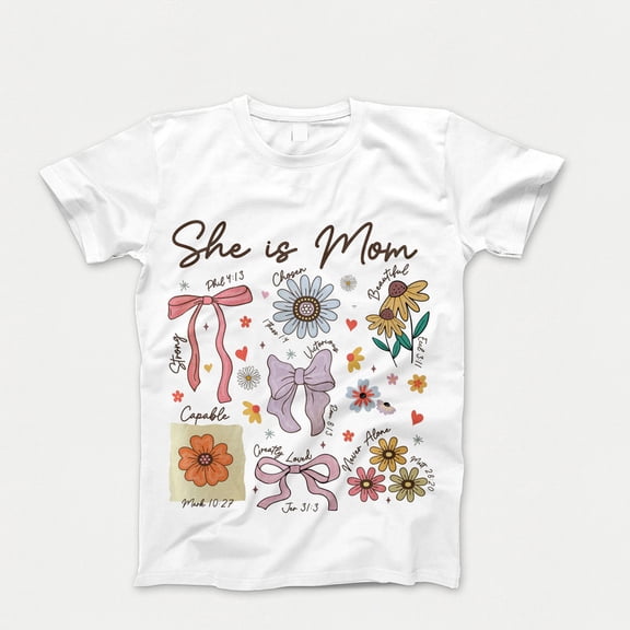 She is Mom Coquette T-Shirt, Christian Mama Tshirt, Boho Floral Mama Shirt, Mother’s Day Gift Shirt, Wildflower Mama Bible Verses, Gifts for Mother