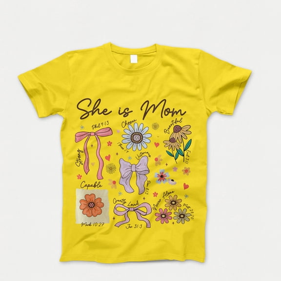 She is Mom Coquette T-Shirt, Christian Mama Tshirt, Boho Floral Mama Shirt, Mother’s Day Gift Shirt, Wildflower Mama Bible Verses, Gifts for Mother