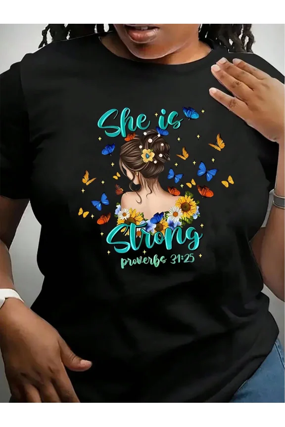 She is Strong Proverbs 31:25 Christian T-Shirt for Women, Floral Butterfly Faith Graphic Inspirational Tee