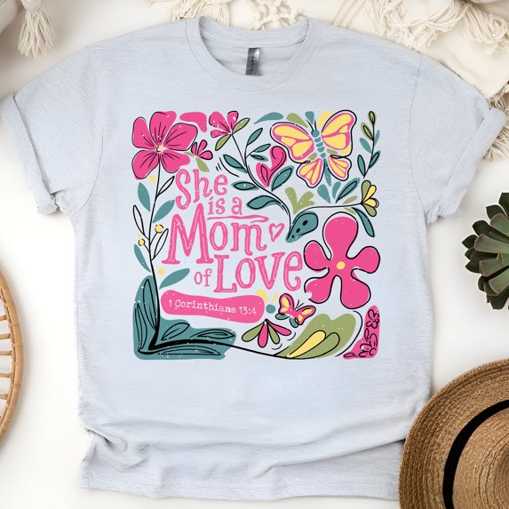 She is a Mom of Love T-Shirt for Women | Floral Christian Graphic Tee, Ash, Size S