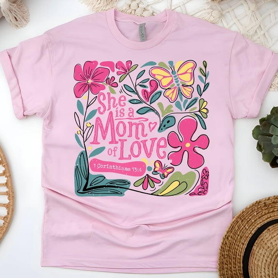 She is a Mom of Love T-Shirt for Women | Floral Christian Graphic Tee, Light Pink, Size XL