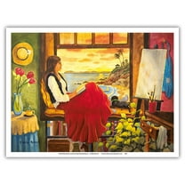 She's an Artist - Woman Watching Ocean Sunset with Dog - From an Original Watercolor Painting by Robin Wethe Altman - Master Art Print (Unframed) 9in x 12in