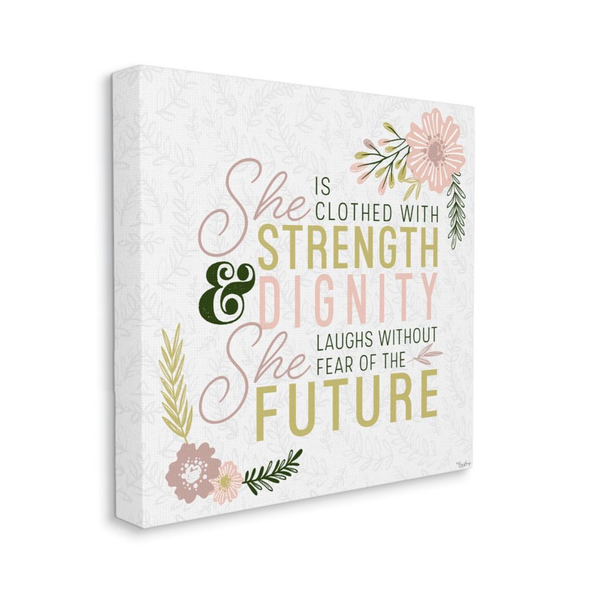 She's Clothed with Strength Phrase Floral Plant Pattern Botanical & Floral Gallery-Wrapped Canvas Print Wall Art, 17x17