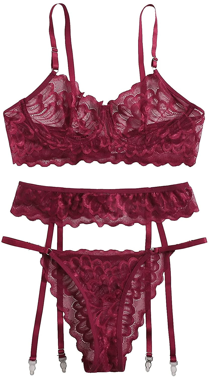 SheIn Women's 3 Piece Floral Lace Lingerie Set with Garter Belts Sexy Bra  and Panty 