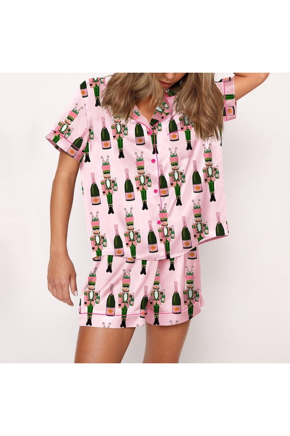 Bucket Nutcracker Print Silky Casual Short Sleeve Pajama Set for Women, Pink, XS