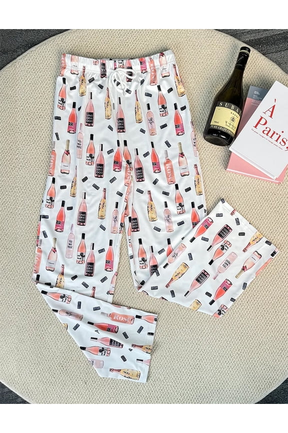 Champagne Bottle Wide Leg Women Pajama Pants With Pockets, Soft Stretch Drawstring, XXL