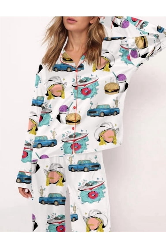 Chattahoochee Country Music Silky Casual Long Sleeve Pajama Set for Women, White, XL