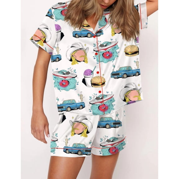 SheShow Chattahoochee Country Music Silky Casual Short Sleeve Pajama Set for Women, White, XL