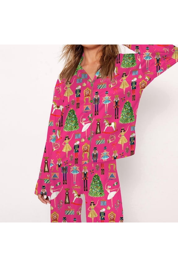Christmas Nutcracker Print Silky Casual Long Sleeve Pajama Set for Women, Rose, S