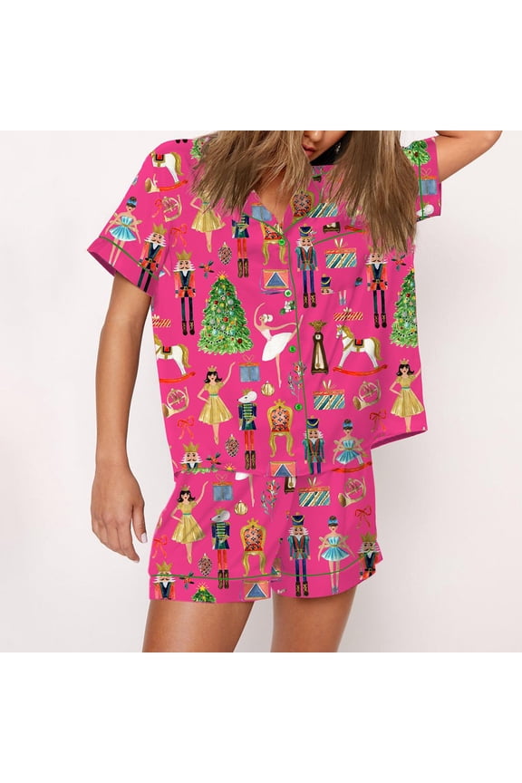 Christmas Nutcracker Print Silky Casual Short Sleeve Pajama Set for Women, Rose, XXL