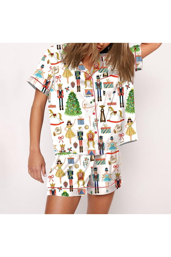 Christmas Nutcracker Print Silky Casual Short Sleeve Pajama Set for Women, White, XXL