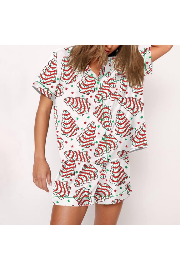 Christmas Tree Cakes Silky Casual Short Sleeve Pajama Set for Women, White, XXL