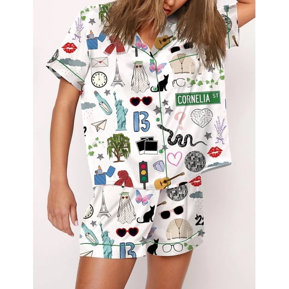 SheShow Country Music Silky Casual Short Sleeve Pajama Set for Women, White, L