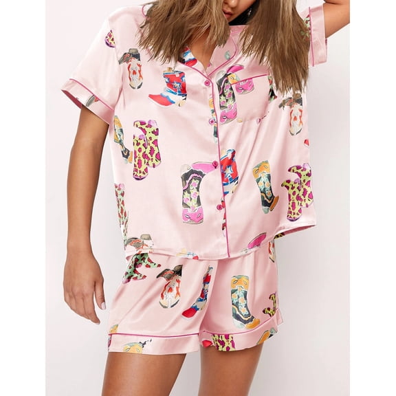 SheShow Cowboy Boots Print Silky Casual Short Sleeve Pajama Set for Women, Pink, M