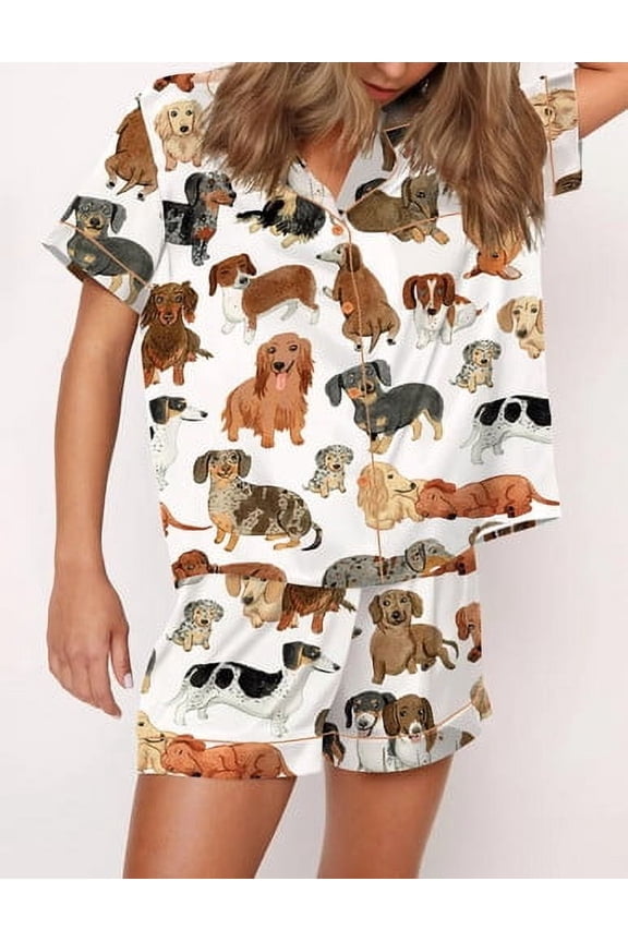 Cute Animals Print Silky Casual Short Sleeve Pajama Set for Women, White, Dachshund, M