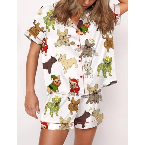 SheShow Cute Animals Print Silky Casual Short Sleeve Pajama Set for Women, White, French Bulldog, XXL