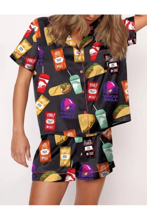 Fast Food Print Silky Casual Short Sleeve Pajama Set for Women, Black, XXL