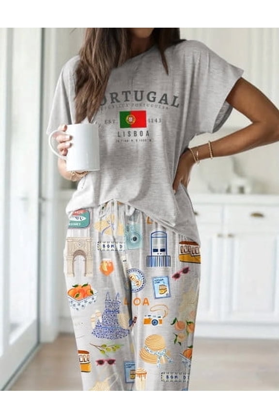 Lisbon Portugal Casual Short Sleeve Pajama Set for Women, Light Gray, XXL