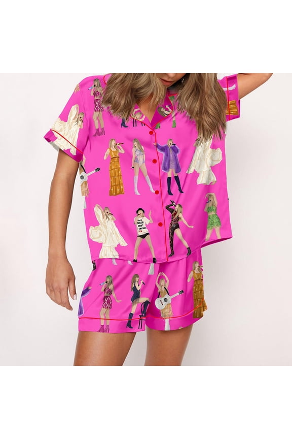 Music Artists Tour Silky Casual Short Sleeve Pajama Set for Women, Hot Pink, S