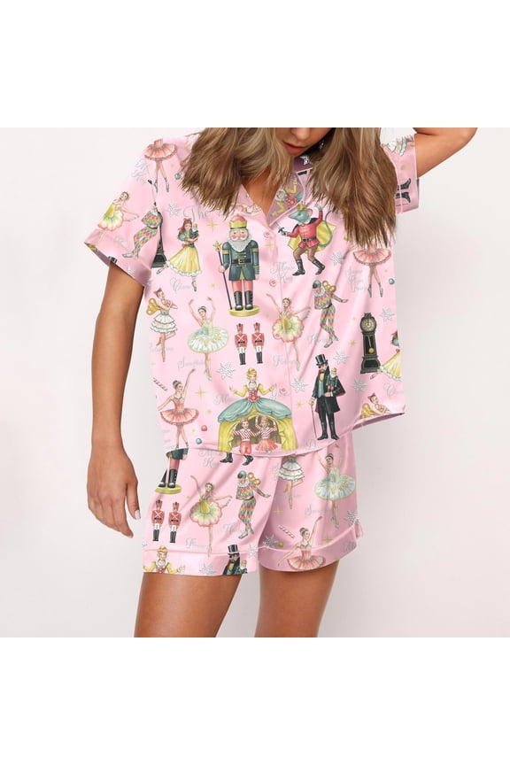 Nutcracker Ballet Christmas Print Silky Casual Short Sleeve Pajama Set for Women, Pink, XL