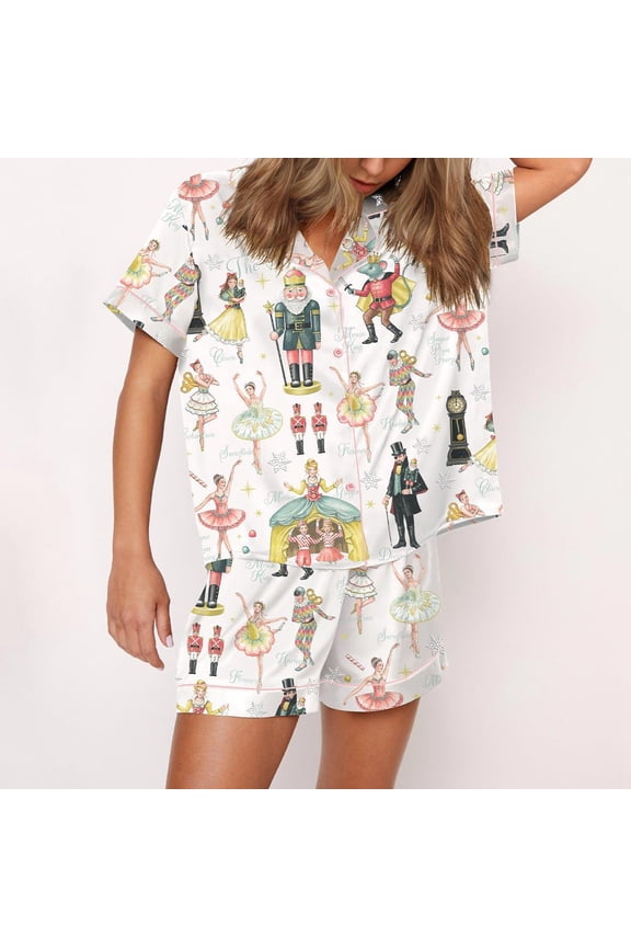 Nutcracker Ballet Christmas Print Silky Casual Short Sleeve Pajama Set for Women, White, XXL