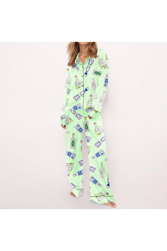 Tequila Bottles Silky Casual Long Sleeve Pajama Set for Women, Pale Green, L