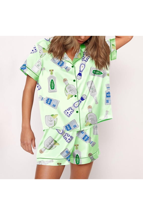 Tequila Bottles Silky Casual Short Sleeve Pajama Set for Women, Pale Green, L