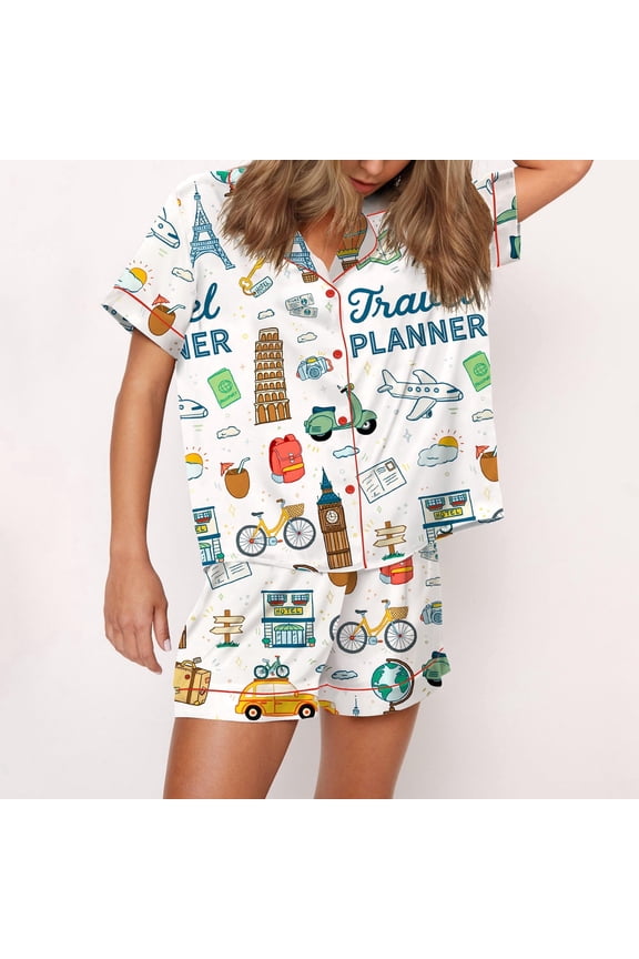 Travel Planner Print Silky Casual Short Sleeve Pajama Set for Women, White, M