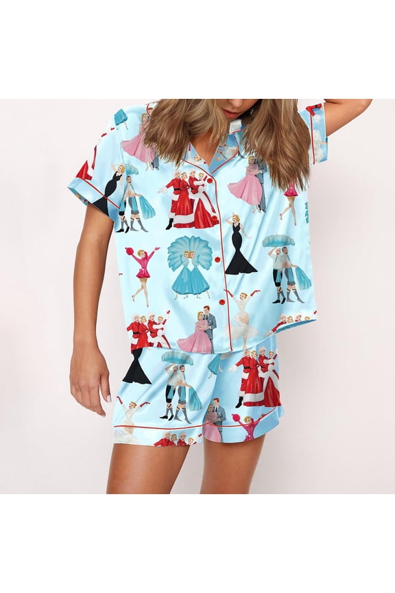 White Christmas Print Silky Casual Short Sleeve Pajama Set for Women, Deep Sky Blue, XXL
