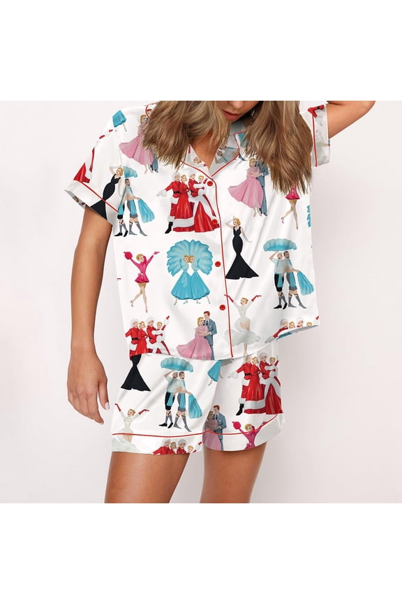 White Christmas Print Silky Casual Short Sleeve Pajama Set for Women, White, XXL