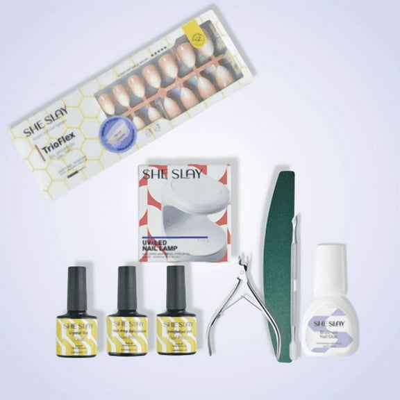 SheSlay Press-On Nail Starter Kit with UV Lamp & Full Nail Prep System, 150 Pieces