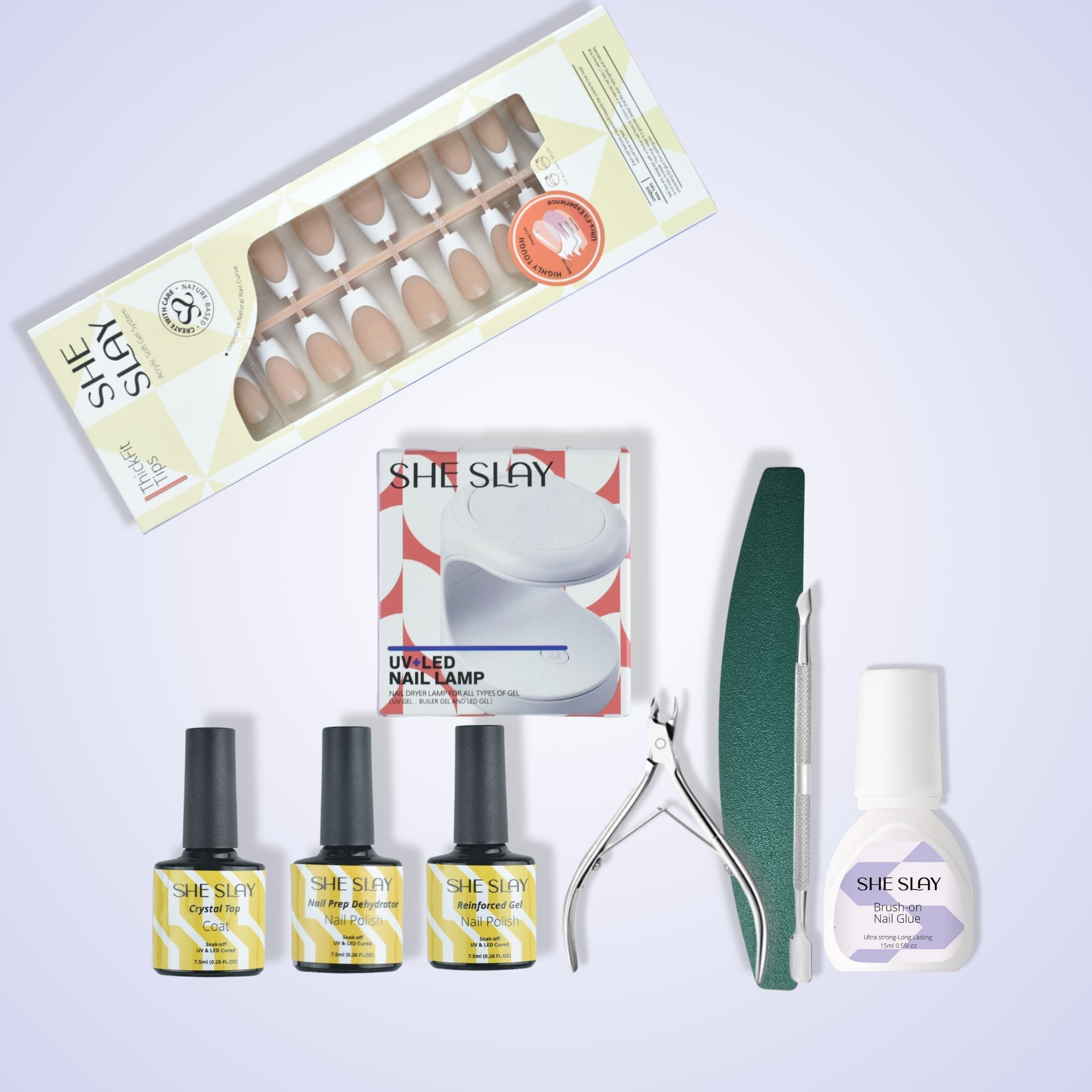 SheSlay Press-On Nail Starter Kit – UV Lamp, Full Nail Prep System & Thifit Coffin Press-On Nail Set