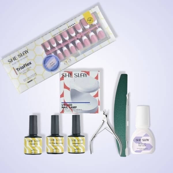 SheSlay Starter Bundle – UV Lamp, Full Nail Prep System & TrioFlex Long Coffin Press-On Nail Set (150pcs)