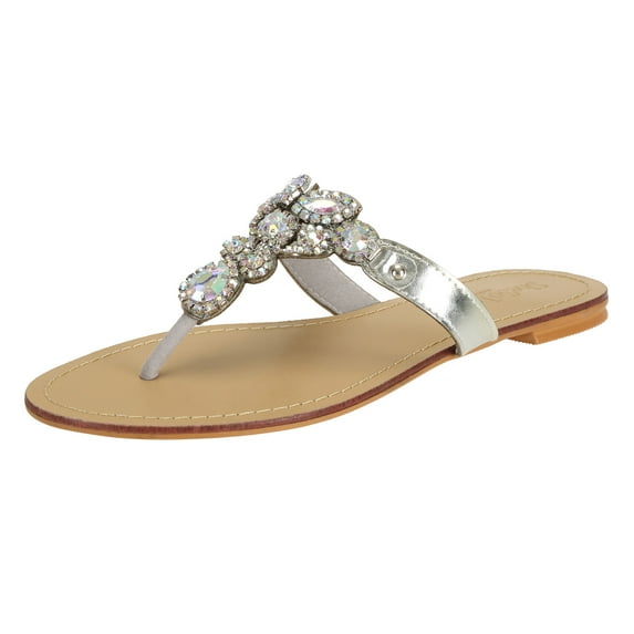 SheSole Women's Rhinestone Flip Flops Flat Wedding Sandals Silver US Size 5.5